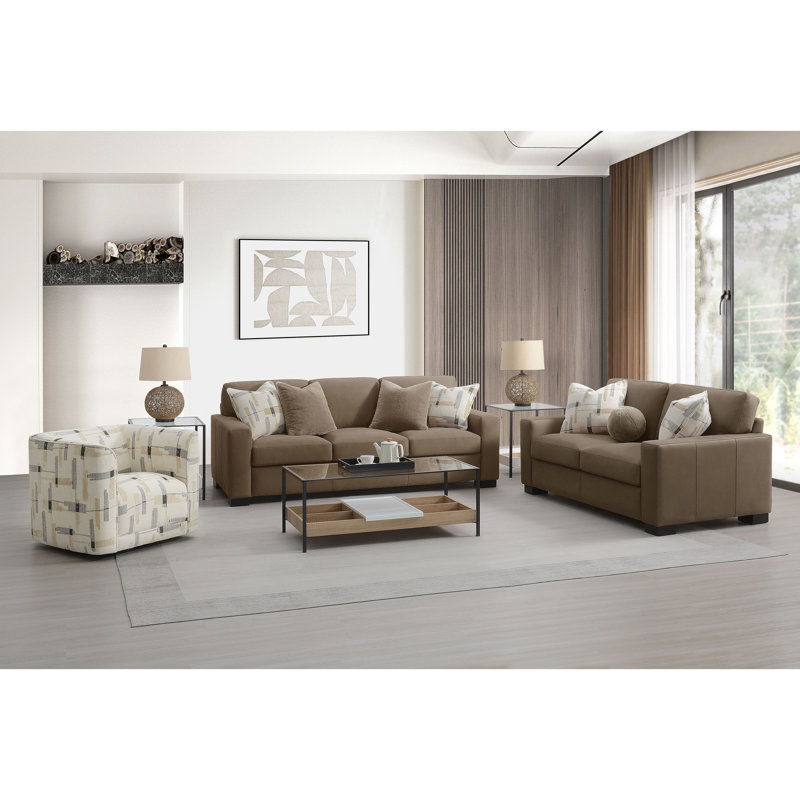 Aubrye Upholstered Loveseat with 3 Pillows in Brown