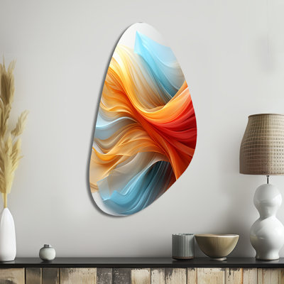 Contemporary Abstract Waves Orange And Blue - Abstract Liquid Ink Fall Shape Assymterical Metal Wall Art