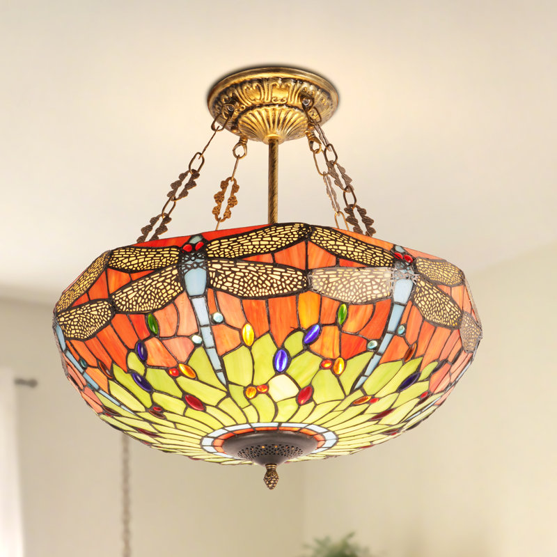 5 Light Dimmable Vintage Dragonfly Stained Glass Semi-Flush Mount Chandelier