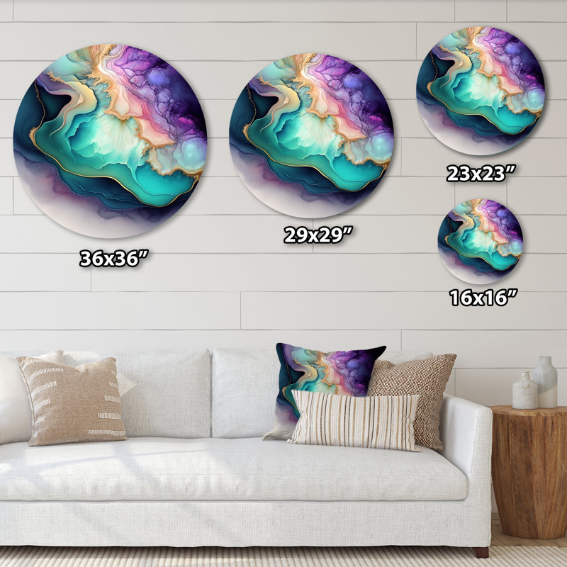 Décoration murale ronde en métal bleu mauve abstrait Geode II, H 29 po x l 29 po x P 1 po