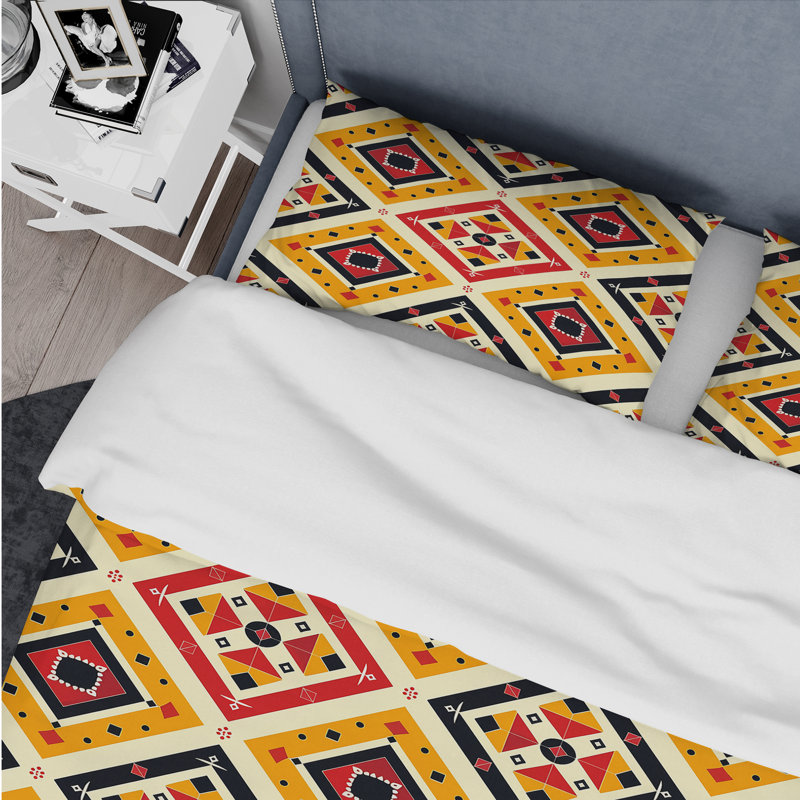 Red Aztec Tiles III - Tiles Duvet Cover Set, King Duvet Cover + 2 King Shams