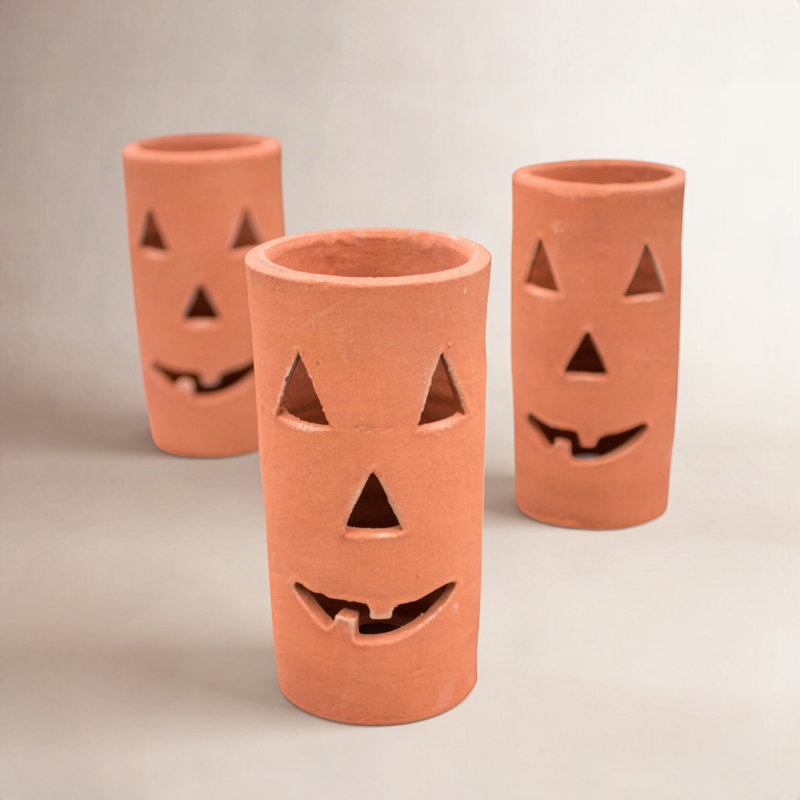  Tall Terracotta Jack-O-Lanterns Set Of 6 – 8" H Handmade Halloween Decor For Tabletop Display