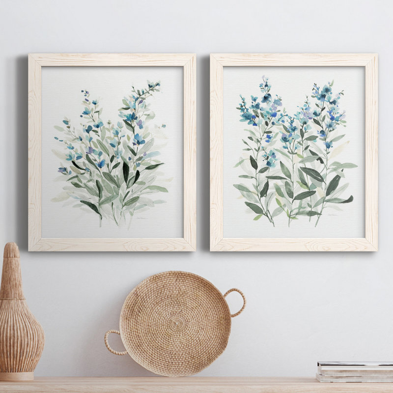 «Delicate Blue Botanical I», ensemble de 2 peintures sur toile encadrées, H 37,5 po x l 55 po x P 1,5 po, Blanc