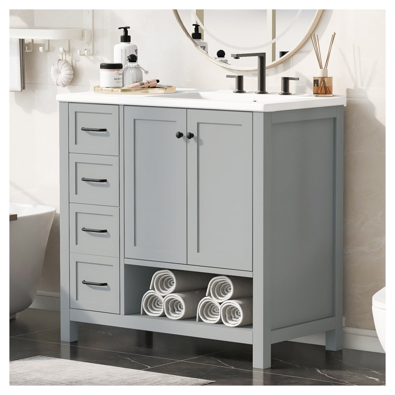 36-Inch Grey Bathroom Vanity Cabinet with Sink Top, Solid Wood and MDF Construction