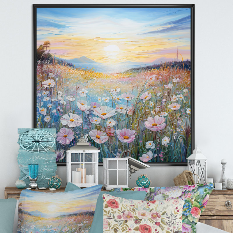 «Pink Flowers In Valley Scenery I», reproduction sur toile, Cadre flottant noir, H 24 po x l 24 po x P 1 po