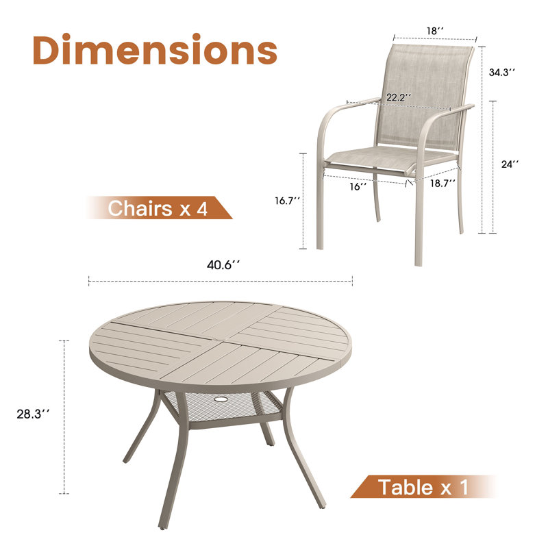 4-Person Patio Dining Set with Round Dining Table and 4 Stackable PVC-coated polyester Armrest Chairs, Cream/Sandshell