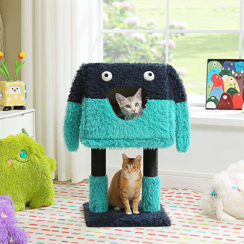 Arbre à chat à thème de dessin animé, poteau à griffer 2 en 1 avec grand condo douillet, tour de jeu à modelage artistique avec un lit de chat doux et amovible pour chats d'intérieur, d'une hauteur de 28 po