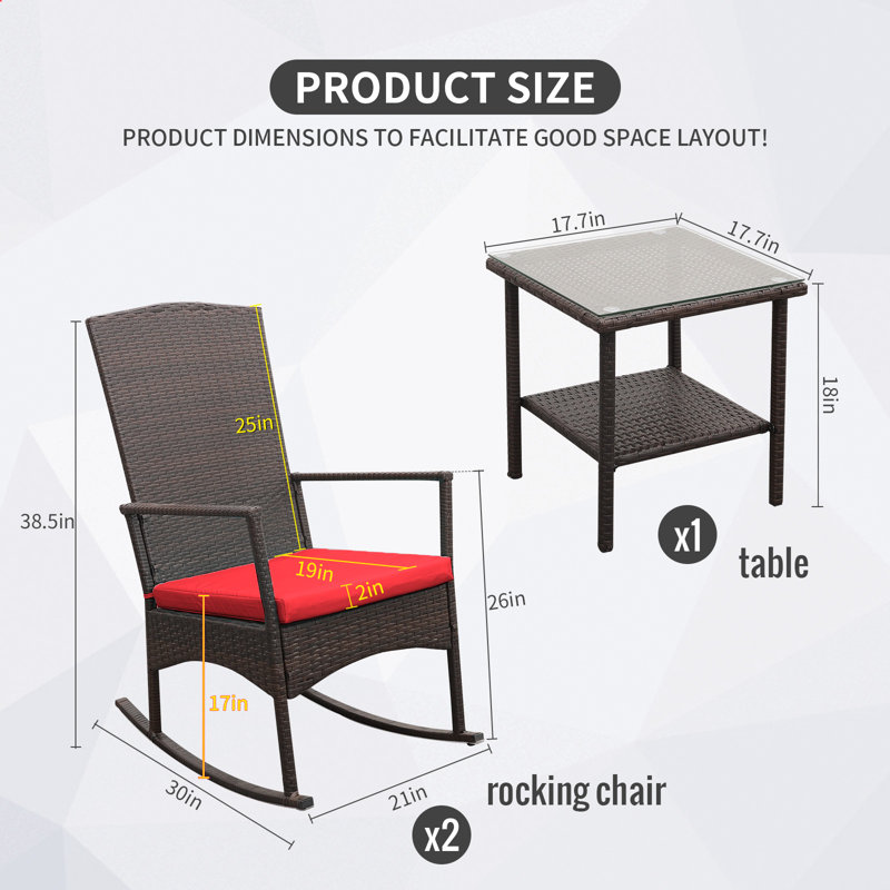 Chaise berçante d'extérieur 3 pièces avec table basse et coussins, Rouge, Brun