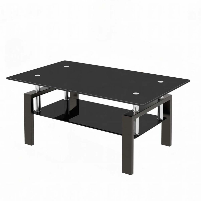 2-Layers Tempered Clear Glass Coffee Table, Black, 17.32" H x 39.37" L x 23.62" D, Black