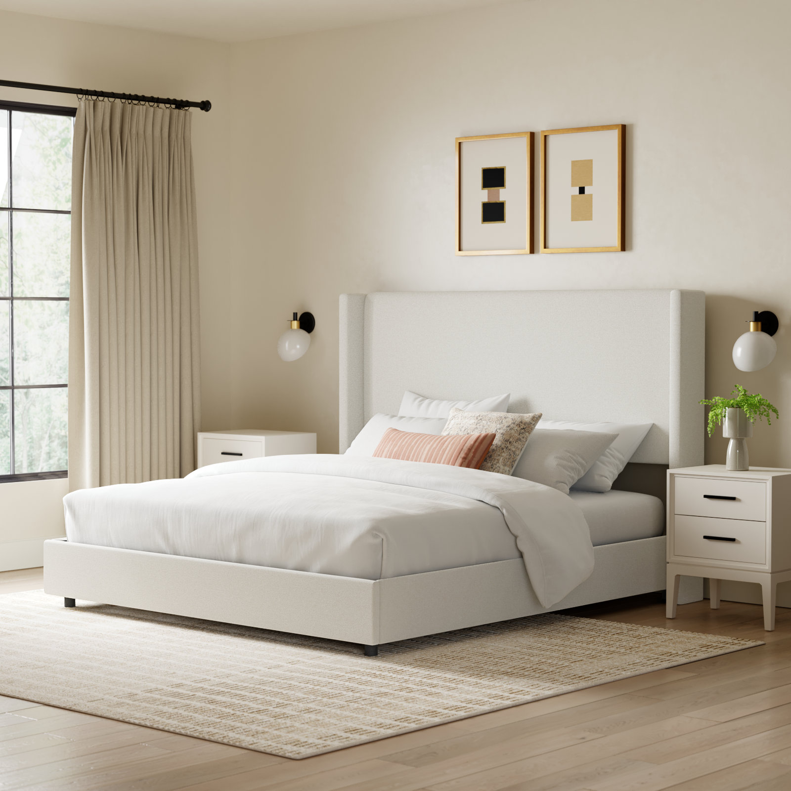 Hanson Linen Upholstered Wingback Bed, California King, Zuma White Textured Linen