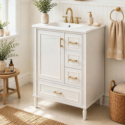 Meuble-lavabo moderne de 24 pouces avec lavabo en céramique, mécanisme de fermeture en douceur et plusieurs options de rangement pour les petits espaces