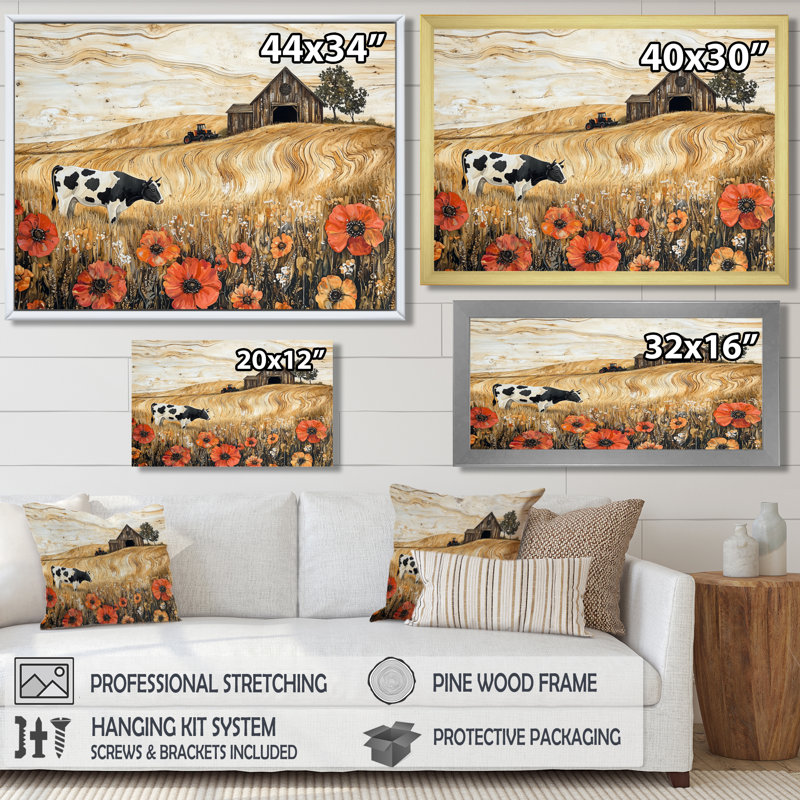Paysage de coquelicots et vache et la grange II - coquelicots, art mural, H 12 po x l 20 po, Cadre simple noir