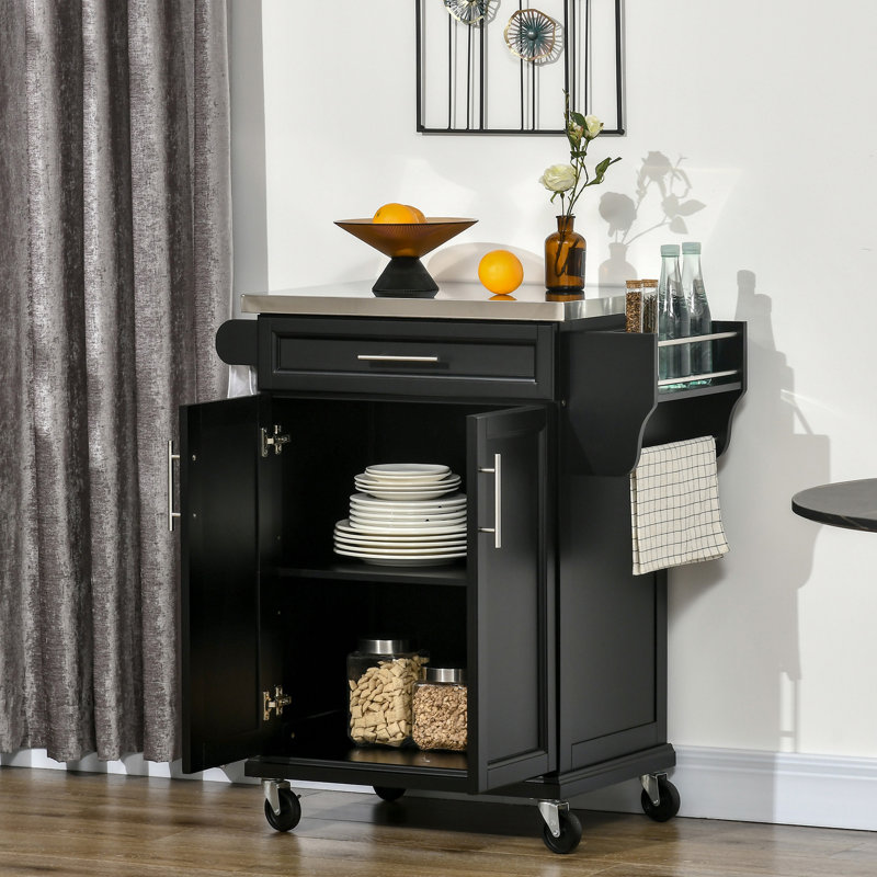 Kitchen Island on Wheels, Rolling Kitchen Cart with Stainless Steel Countertop, Drawer, Towel Rack and Spice Rack, Utility Storage Trolley