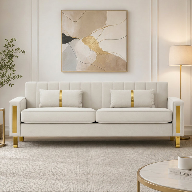 Solid Wood Frame 3 Seater Sofa with Compressed Seat Cushions, Modern Upholstered Couch for Living Room, Beige