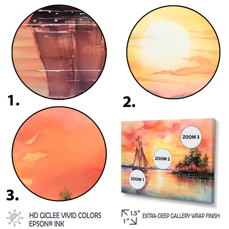 Couleurs pastel voilier coucher de soleil VI - bateau à voile, art mural, Cadre flottant doré, H 16 po x l 32 po x P 1 po