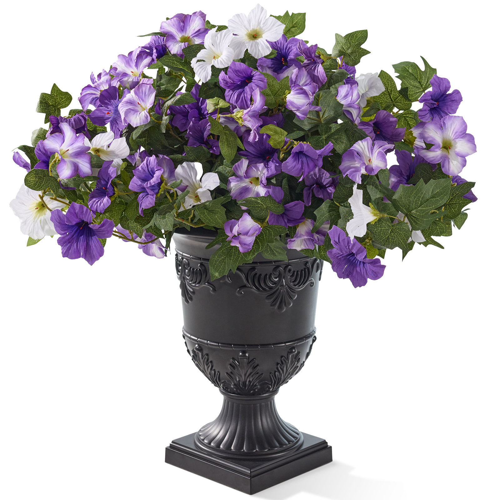 Artificial Morning Glory Flowers With Black Urn Planter - 28In Faux Flower Arrangement With 81 Purple White Blooms For Entryway Porch Patio Home Office Decor