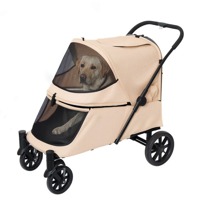 Large Dog & Cat Stroller for Medium and Big Pets, Foldable Ramp Pet Wagon with Foot Brake, All-Terrain Wheels and Air Mesh
