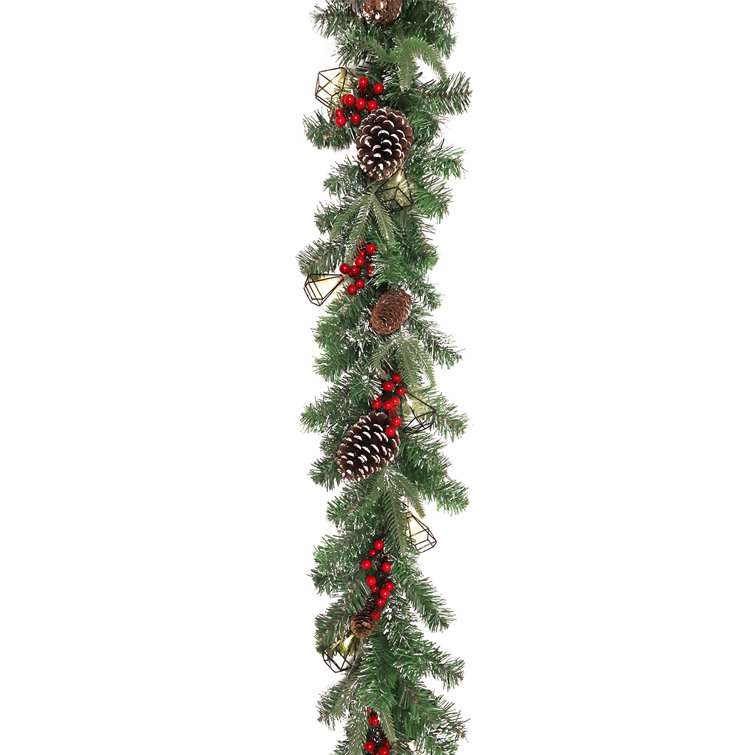 72" Artificial Mixed Frosted Berry Pine Cone Christmas Garland with Geometric Pyramid String Light Set