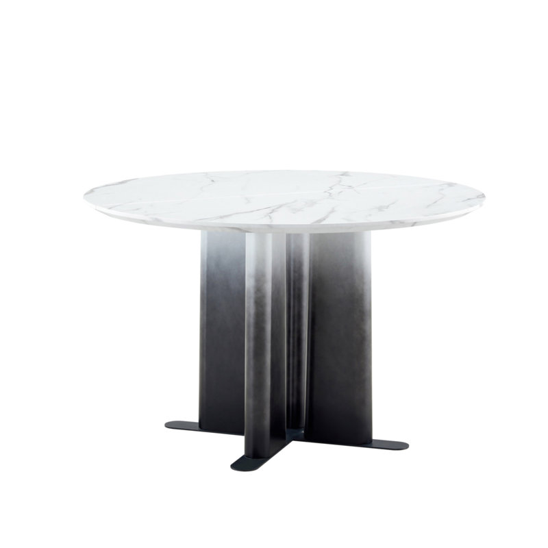 Table de salle à manger ronde en MDF à motif de marbre blanc, pieds dégradés noirs et blancs avec base en croix, table de cuisine compacte pour 2 à 4 personnes pour les petits espaces