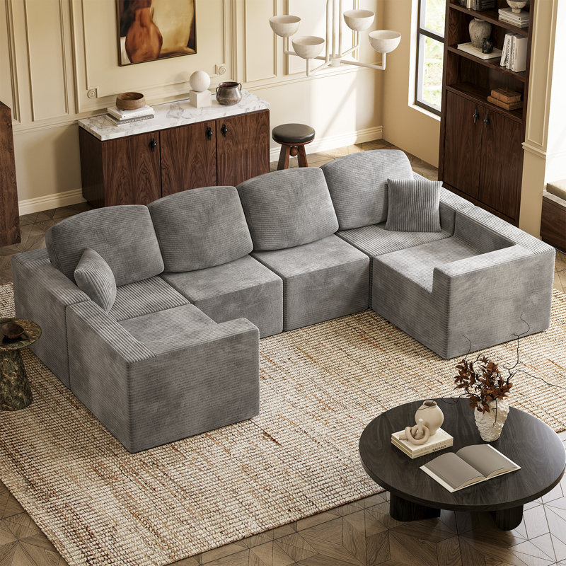 Boneless L-Shaped Modular Sectional Couch, Cloud U-Shaped Sectional Sofa with Wide Armrest, Gray Corduroy