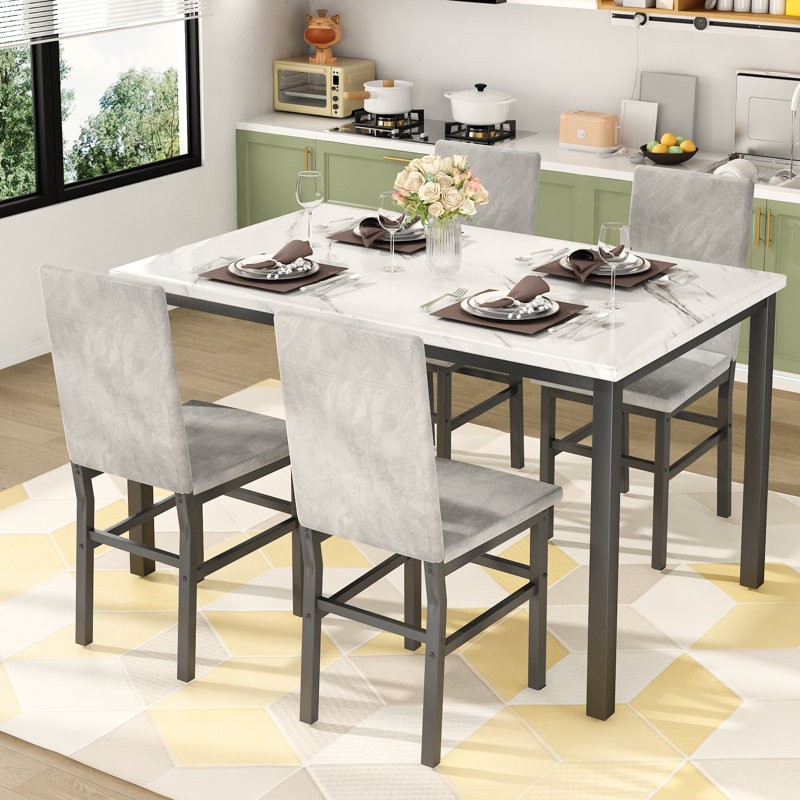 5-piece Faux Marble Dining Set,4 Upholstered Pu Chairs, Modern Kitchen Table Furniture For Dining Room,compact Space-saving Faux Marble Tabletop