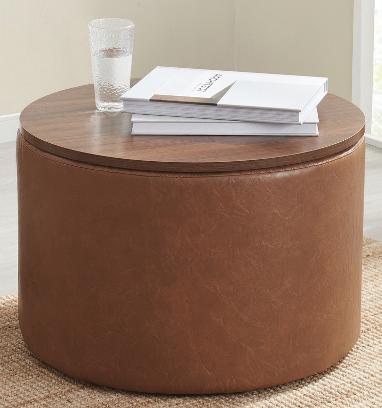 Grande table basse ronde avec rangement et repose-pieds, Moka