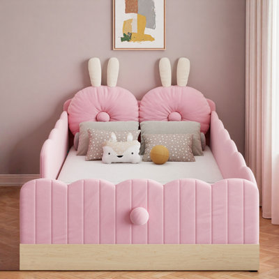 Upholstered Platform Bed With Animal-shaped Pillows And Storage Bags