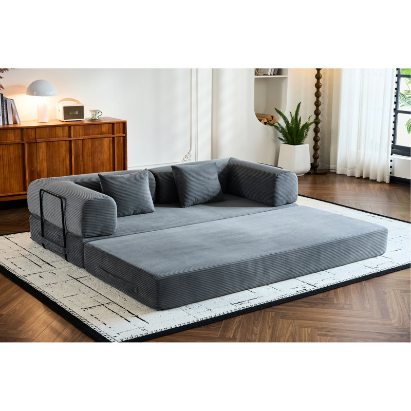 Lit convertible convertible en velours côtelé gris, cadre multifonctionnel à forme fixe 4 - 1, coussin cylindrique, plancher pour petits appartements, style décontracté avec fonction, revêtement en velours côtelé, cadre et salon