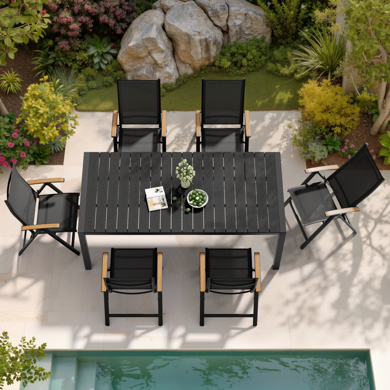 6 - Person Rectangular Aluminum Outdoor Dining Set with Umbrella Hole and Folded Reclining Armchairs, Black