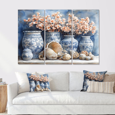 Poterie florale dans des tons bleus et blancs - ensemble de salon d'art mural côtier