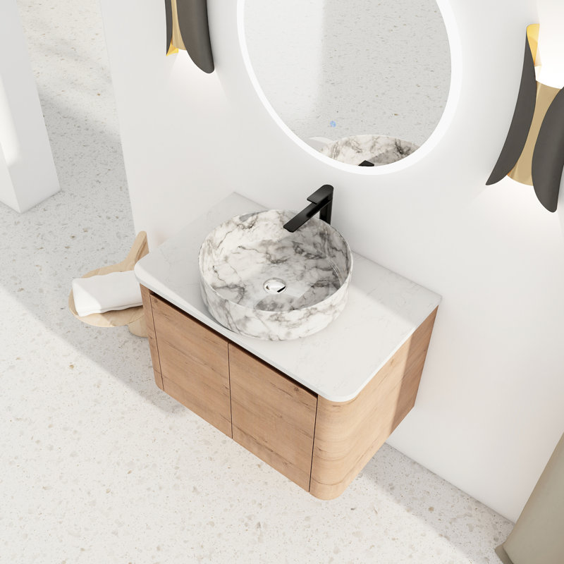 Meuble-lavabo mural de 30 po pour salle de bain avec lavabo en céramique, charnières à fermeture douce et base en contreplaqué. Meuble-lavabo, base et style uniques