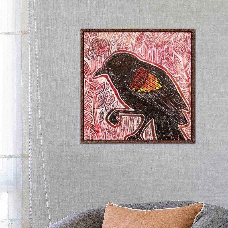Visiting Blackbird 1 Piece Painting on Canvas, 66.04cm H x 66.04cm W x 3.81cm D, Classic Brown Wood Framed