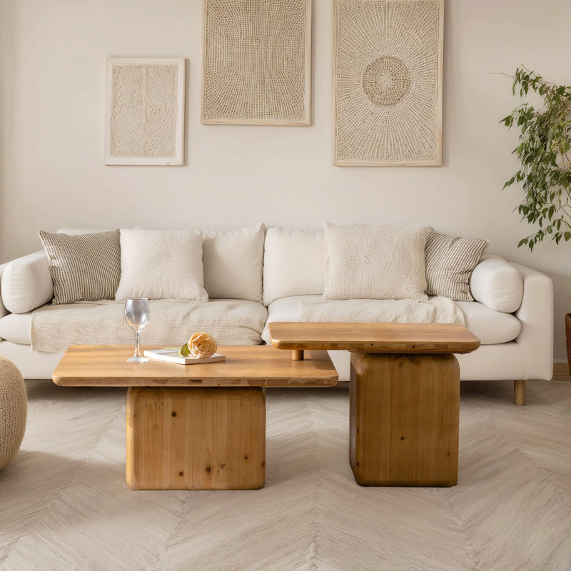 Ensemble de tables basses carrées de style rétro avec finition grain de bois, pour salon, bureau et salle à manger, naturel (ensemble de 2)