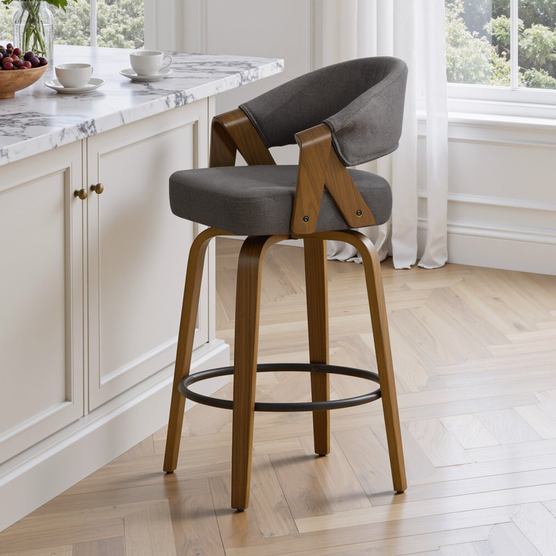 360° Swivel Mid-Century-Modern Walnut Bar Stool With Curved Upholstered Back, Gray