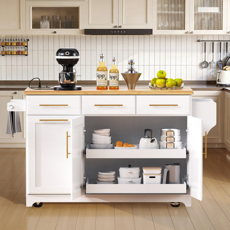 59.3" Kitchen Island With Storage 2 Pull Out Cabinet, White