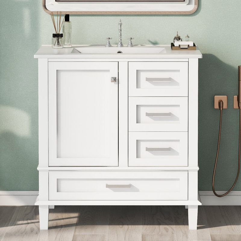 Meuble-lavabo simple 30 po avec comptoir en céramique Fidellia, Blanc