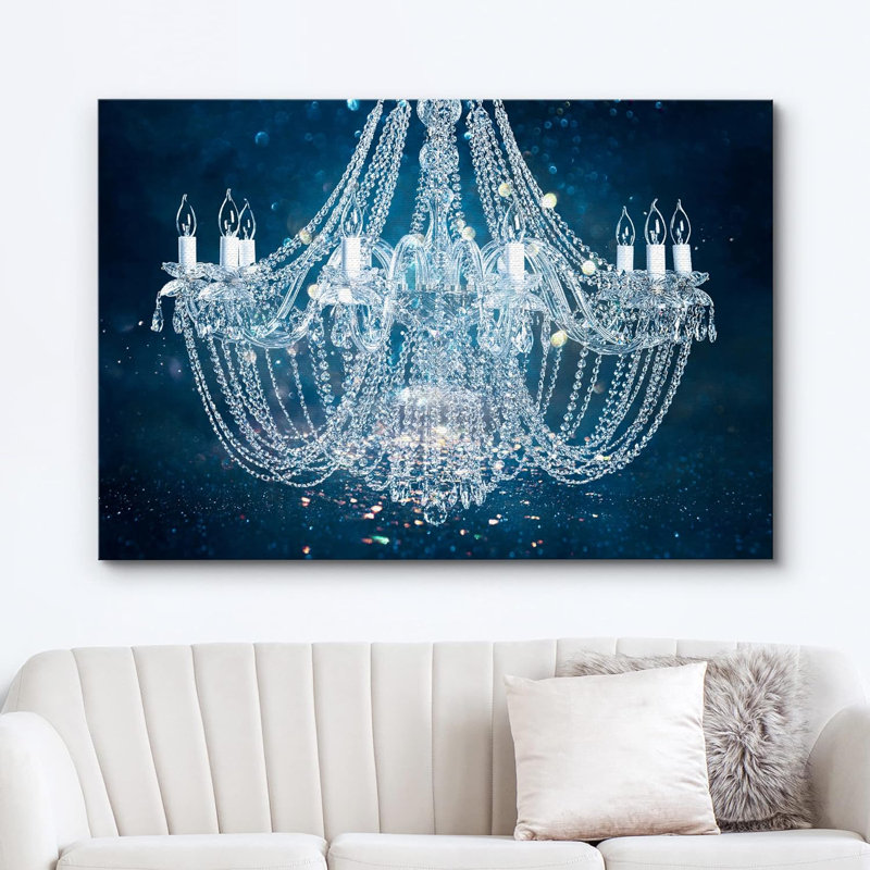 «Blue Glitter», lustre en cristal blanc fantaisie, lumières, art mural contemporain élégant sur toile, Toile tendue