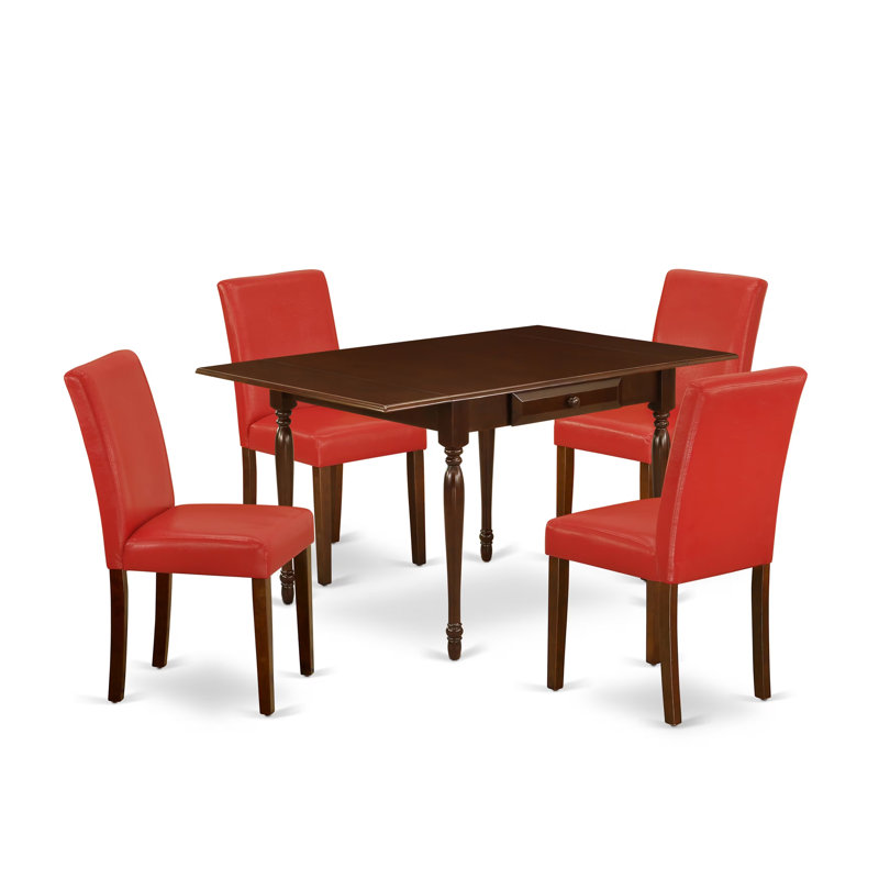 Ensemble de salle à manger 5 pièces comprenant une table de salle à manger rectangulaire avec Dropleaf et 4 chaises Parsons en simili cuir rouge Firebrick, acajou