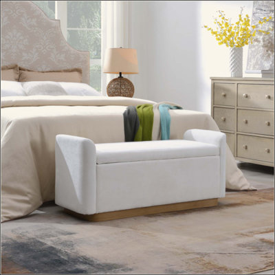 Banc avec rangement, banc de repose-pieds avec charnière de sécurité, base en métal doré avec cadre en bois, banc de hall d'entrée rembourré pour la chambre à coucher, le salon, supporte jusqu'à 350 lb