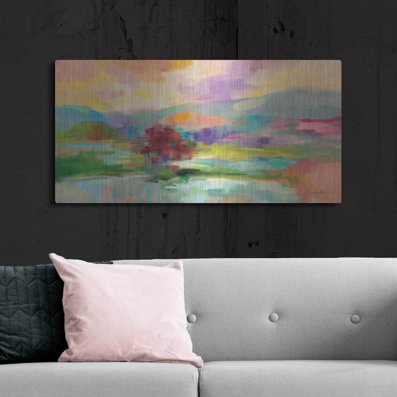  «Sunset Lake Hues» par Silvia Vassileva, art mural en métal, H 24 po x l 48 po