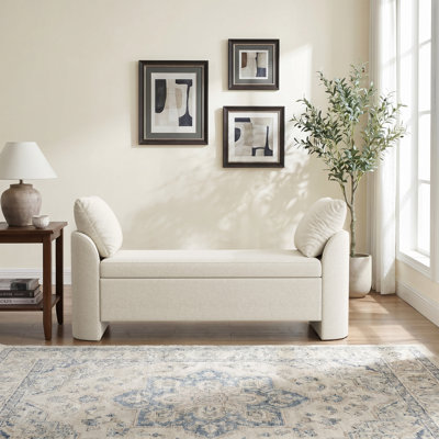 58.3" Upholstered Chenille Storage Bench with Pillows, Modern Curved-Side Bed End Bench for Bedroom, Entryway & Living Room