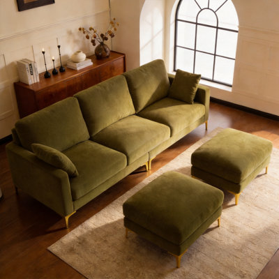 100'' Green Chenille U-Shaped Square Couch With 2 Ottoman And Side Storage