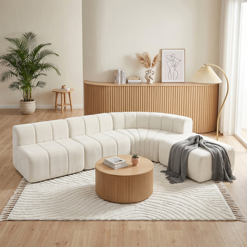 Canapé modulaire incurvé en forme de L de 116 po avec repose-pieds à compression en chenille et repose-pieds, Beige