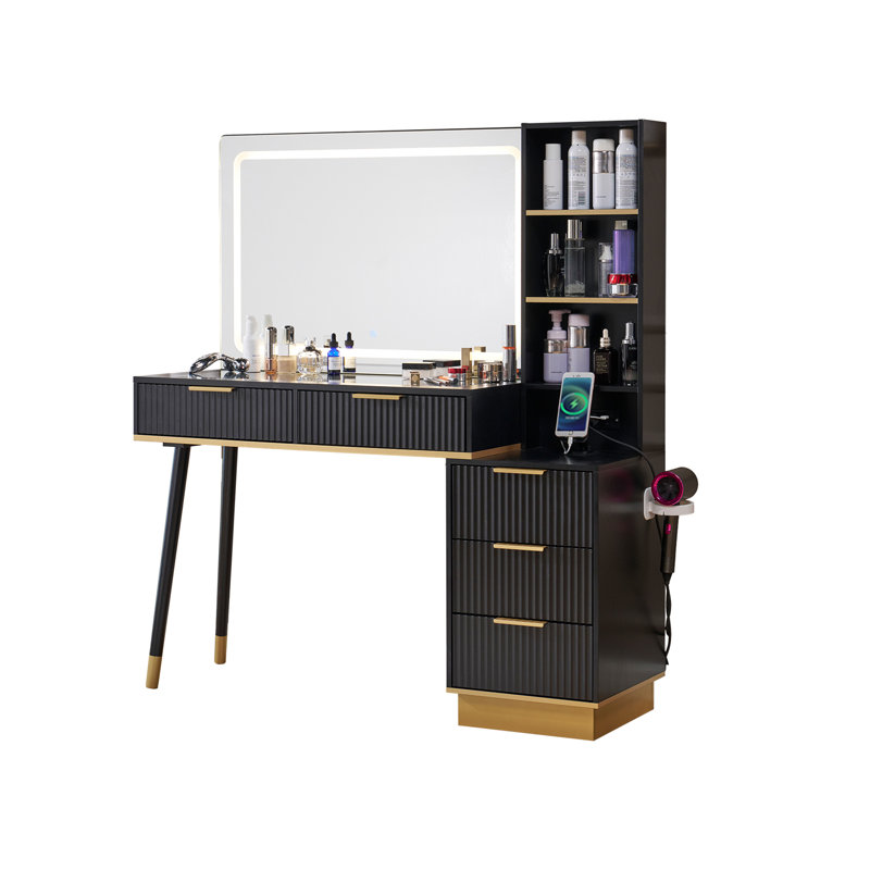 Meuble-lavabo 48 po avec grand miroir lumineux de 35 po, 5 tiroirs, tablettes et station de charge, noir, Noir