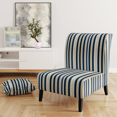 Classic Beige And Blue Elegance Striped Pattern - Upholstered Modern Slipper Chair, Blue Accent Chair