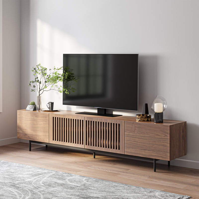 Meuble télé Mid-Century moderne pré-assemblé, H 21,25 po x L 94,49 po x l 15,75 po, Brun