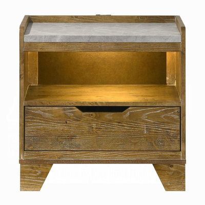 Table de chevet transitionnelle à finition brune avec ports USB et lumière USB