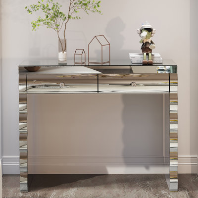 Console à miroir, coiffeuse argentée pour miroir incurvé cuit au four avec 2 tiroirs, table d'appoint décorative en miroir convenant au couloir et au salon, coiffeuse à miroir
