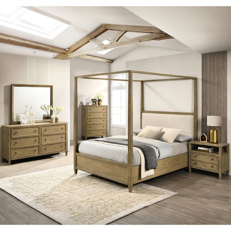 Lit à baldaquin pour grand lit, charme rustique, cadre épuré et finition de chambre à coucher en bois naturel, Grand lit