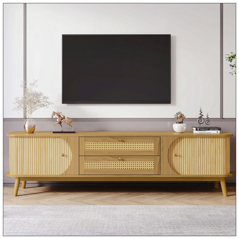 TV Stand (Media Console/Entertainment Center/TV Cabinet), Rattan Material, Solid Wood Legs